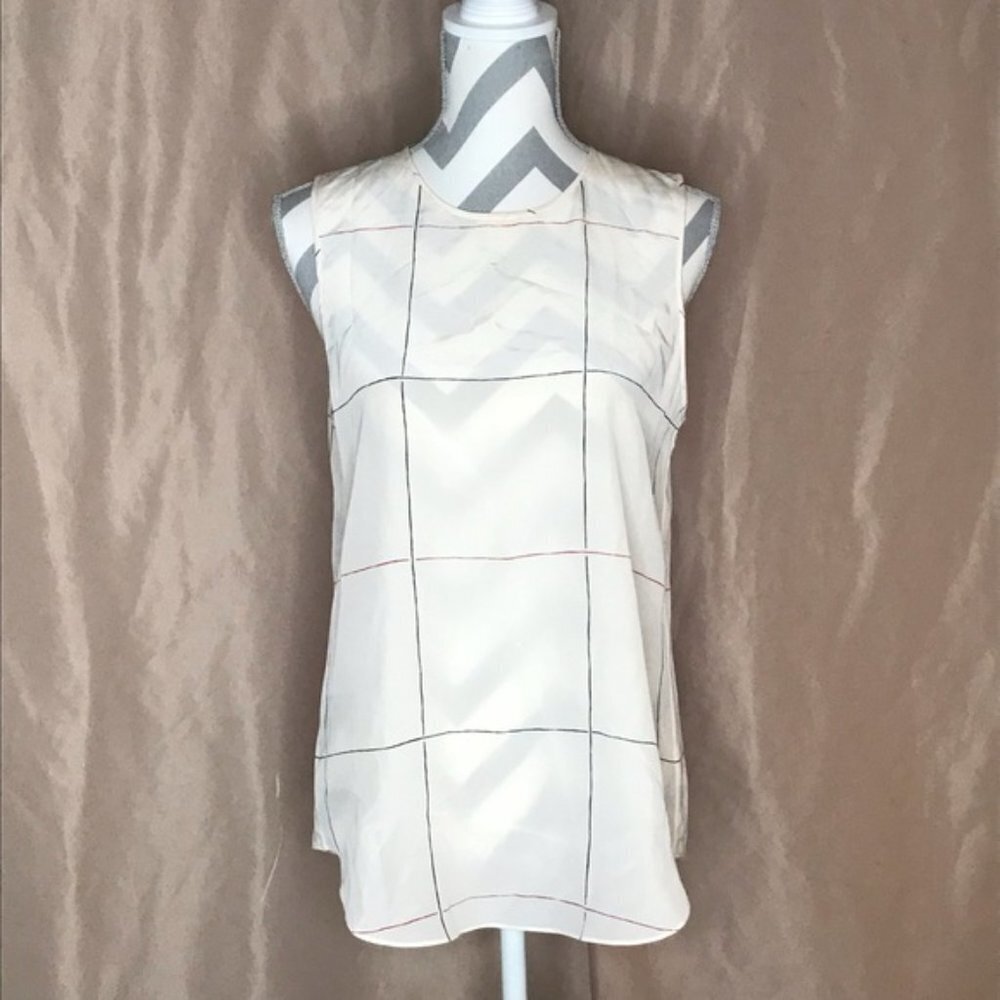 Theory Cream Sleeveless Grid-Print Blouse